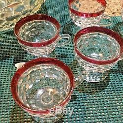 Vintage Cut glass Red rim PUNCH BOWL 13 SET 11 cups Holiday Red with Ladle