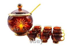 Vintage Czech Bohemia Crystal Etched Amber & Gold Punch Bowl Set 11 Pieces