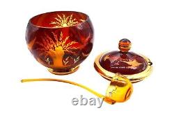 Vintage Czech Bohemia Crystal Etched Amber & Gold Punch Bowl Set 11 Pieces