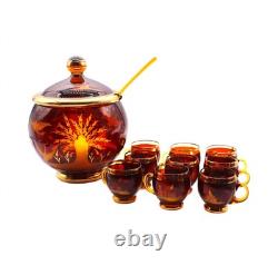 Vintage Czech Bohemia Crystal Etched Amber & Gold Punch Bowl Set 11 Pieces MCM