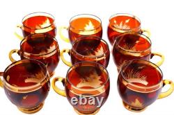 Vintage Czech Bohemia Crystal Etched Amber & Gold Punch Bowl Set 11 Pieces MCM