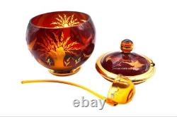 Vintage Czech Bohemia Crystal Etched Amber & Gold Punch Bowl Set 11 Pieces MCM