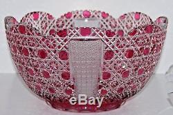 Vintage Czech Cranberry Cut to Clear Glass Punch Bowl Bohemian Red