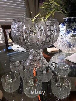 Vintage Daisy glass crystal Pedestal Punch Bowl Set 7 cups