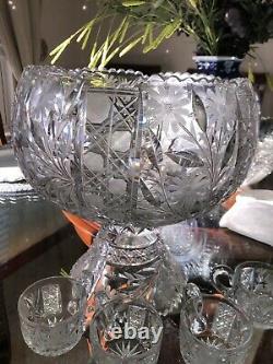 Vintage Daisy glass crystal Pedestal Punch Bowl Set 7 cups