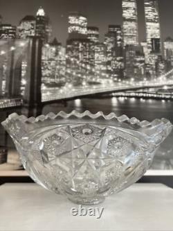 Vintage Deep Cut Crystal Punch Bowl Star Sawtooth edge Star Burst MCM