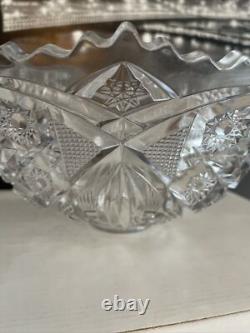 Vintage Deep Cut Crystal Punch Bowl Star Sawtooth edge Star Burst MCM