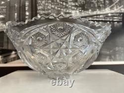 Vintage Deep Cut Crystal Punch Bowl Star Sawtooth edge Star Burst MCM