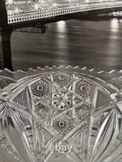 Vintage Deep Cut Crystal Punch Bowl Star Sawtooth edge Star Burst MCM