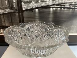 Vintage Deep Cut Crystal Punch Bowl Star Sawtooth edge Star Burst MCM