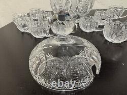 Vintage Deep Cut Glass Punch Bowl with Lid and 12 Glasses selling as Waterford