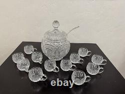 Vintage Deep Cut Glass Punch Bowl with Lid and 12 Glasses selling as Waterford