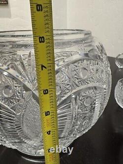 Vintage Deep Cut Glass Punch Bowl with Lid and 12 Glasses selling as Waterford