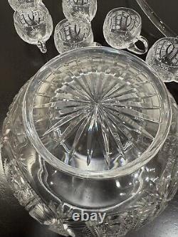 Vintage Deep Cut Glass Punch Bowl with Lid and 12 Glasses selling as Waterford