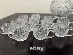 Vintage Deep Cut Glass Punch Bowl with Lid and 12 Glasses selling as Waterford