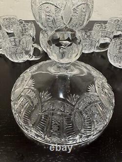 Vintage Deep Cut Glass Punch Bowl with Lid and 12 Glasses selling as Waterford