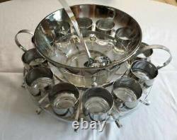 Vintage Dorothy Thorpe Punch Bowl 15 PC Set 12 Cups Original Ladle Footed Glass