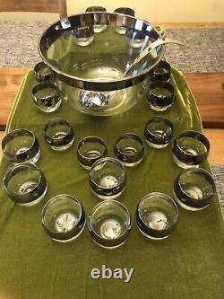 Vintage Dorothy Thorpe Punch Bowl Set Bowl With 20 Roly Poly Glasses & Ladle