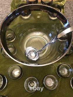 Vintage Dorothy Thorpe Punch Bowl Set Bowl With 20 Roly Poly Glasses & Ladle