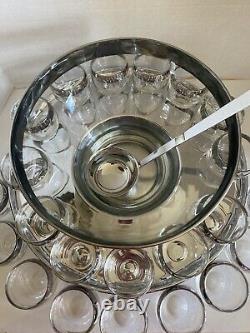 Vintage Dorothy Thorpe Roly Poly Punch Bowl Set. Tray, Bowl, Ladle, 22 glasses