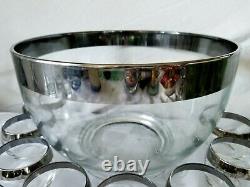 Vintage Dorothy Thorpe Silver Band Punch Bowl Thick Foot 12 Roly Poly Cups