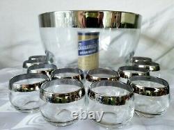 Vintage Dorothy Thorpe Silver Band Punch Bowl Thick Foot 12 Roly Poly Cups