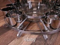 Vintage Dorothy Thorpe Silver Fade Punch Bowl 12 Glasses & Caddy Mid Century MCM