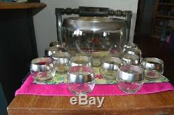 Vintage Dorothy Thorpe Silver Rim Glass Punch Bowl set with 12 Matching Roly Pol