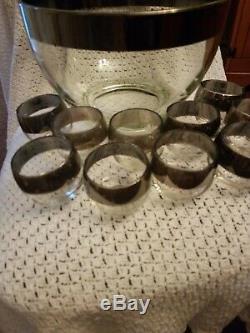 Vintage Dorothy Thorpe Silver Rim Roly Poly Punch Bowl with 10 Glasses