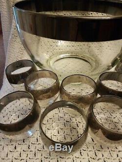 Vintage Dorothy Thorpe Silver Rim Roly Poly Punch Bowl with 10 Glasses