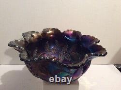 Vintage Dugan Glass Many Fruits Ruffled Purple Carnival Glass 12 Punch Bowl