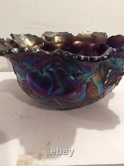 Vintage Dugan Glass Many Fruits Ruffled Purple Carnival Glass 12 Punch Bowl