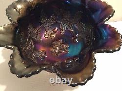 Vintage Dugan Glass Many Fruits Ruffled Purple Carnival Glass 12 Punch Bowl