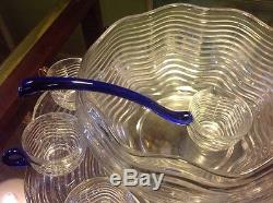 Vintage Duncan Miller Caribbean Glass Punch Bowl withPlatter, Ladle & 11 Cups