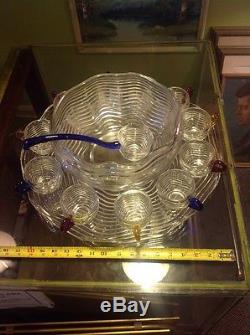 Vintage Duncan Miller Caribbean Glass Punch Bowl withPlatter, Ladle & 11 Cups