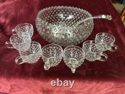 Vintage Duncan Miller Clear Bubble Glass Hobnail Punch Bowl & Ladle & 7 Cups MCM