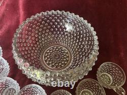 Vintage Duncan Miller Clear Bubble Glass Hobnail Punch Bowl & Ladle & 7 Cups MCM