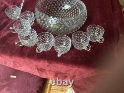 Vintage Duncan Miller Clear Bubble Glass Hobnail Punch Bowl & Ladle & 7 Cups MCM