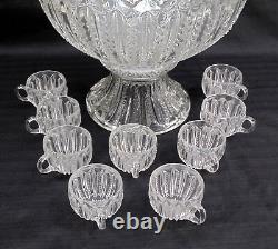 Vintage Duncan & Miller Mardi Gras Glass Punch Bowl Set 9 Cups & Stand