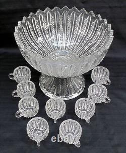 Vintage Duncan & Miller Mardi Gras Glass Punch Bowl Set 9 Cups & Stand