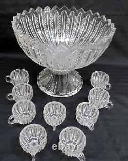 Vintage Duncan & Miller Mardi Gras Glass Punch Bowl Set 9 Cups & Stand