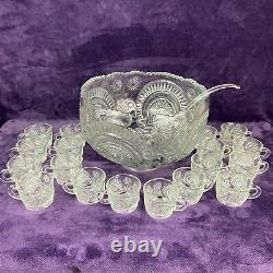 Vintage EAPG L. E. Smith Punch Bowl with 18 Cups Slewed Horseshoe Pin Wheel & Star