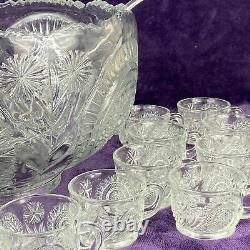 Vintage EAPG L. E. Smith Punch Bowl with 18 Cups Slewed Horseshoe Pin Wheel & Star