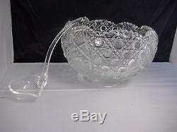 Vintage EAPG Pressed Glass Punch Bowl Set 18 Cups Plus Glass Ladle Daisy Button