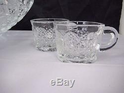 Vintage EAPG Pressed Glass Punch Bowl Set 18 Cups Plus Glass Ladle Daisy Button
