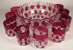 Vintage EAPG Ruby Stain Flash Cut to Clear Glass Punch Bowl & 9 Cups