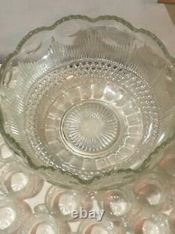 Vintage EMPG Pressed Glass MANHATTAN Pattern Large Glass Punch Bowl with 23 Cups