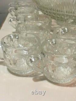 Vintage EMPG Pressed Glass MANHATTAN Pattern Large Glass Punch Bowl with 23 Cups