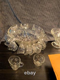 Vintage Early American Precut Arlington Pattern Glass Punch Bowl With 28 Cups