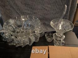 Vintage Early American Precut Arlington Pattern Glass Punch Bowl With 28 Cups